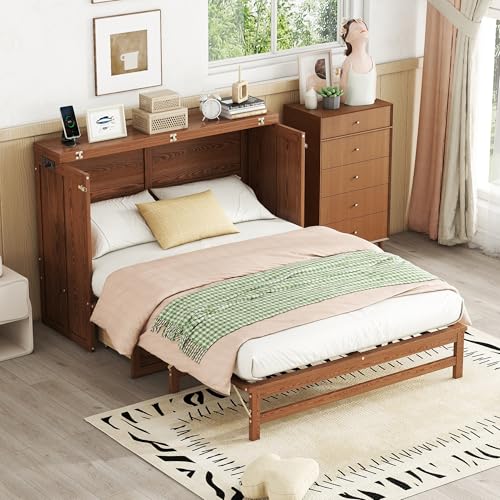 KEIKI Queen Size Murphy Bed with Charging Station and Drawer, Walnut B45816