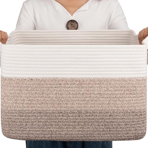 OIAHOMY Large Rectangle Woven Blanket Basket with Handle, Gradient Blue B58762