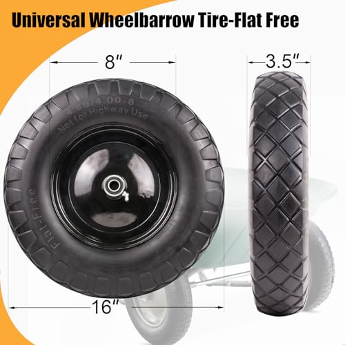 Wheelbarrow Tires 4.80/4.00-8 Flat Free 16" Solid Wheels with Bearings (2 Pack) X202