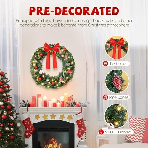 VINGLI 48 Inch Pre-lit Artificial Christmas Wreath with 150 LED Lights T885