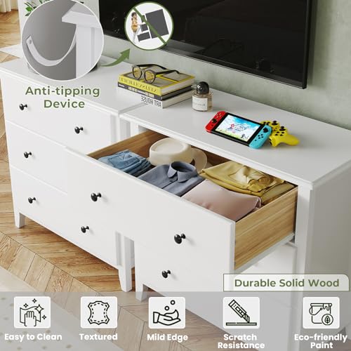 Hasuit White 6-Drawer Solid Wood Dresser for Bedroom G529493