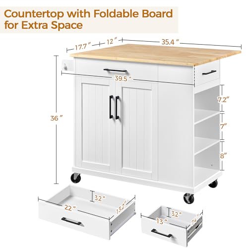 Yaheetech Rolling Kitchen Island Cart with Drop Leaf, Rubberwood Breakfast Bar with Storage V538