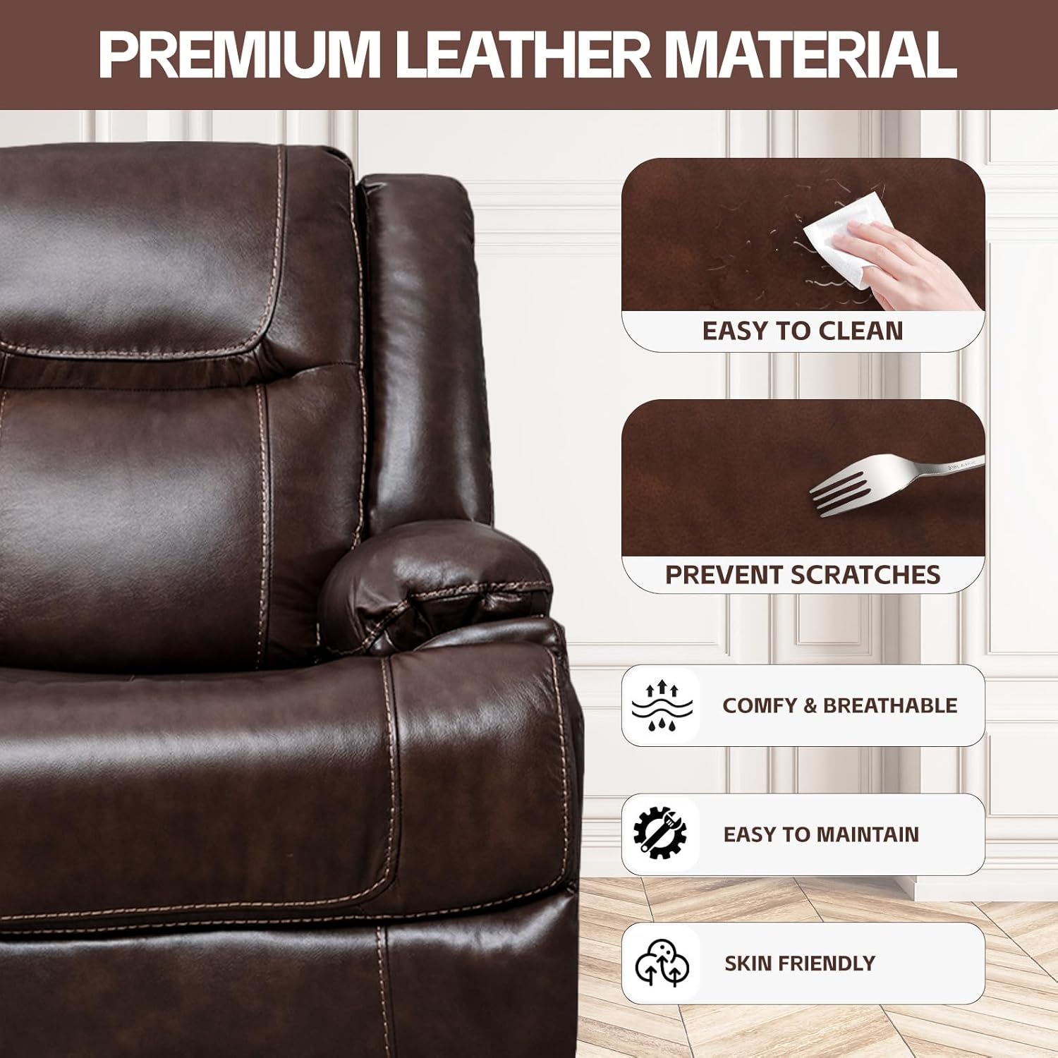 Genuine Leather Manual Recliner Chair for Living Room, Brown F4463